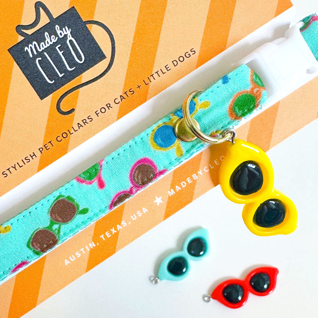 Sunglasses Cat Collar - "Poolside" - Swimming Pool Aqua Mint Cat Collar / Fun, Trendy, Arty, Summer / Breakaway Buckle or Non-Breakaway / Cat, Kitten + Small Dog Sizes