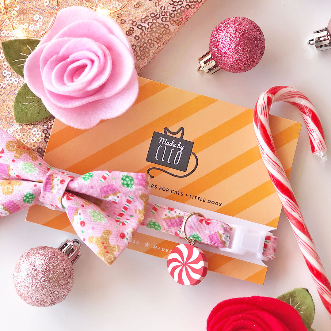Holiday Pet Bow Tie - "Sugar & Spice" - Pink Gingerbread, Peppermints & Cupcakes Bowtie for Pet Collar / For Cats + Small Dogs / Removable (One Size)