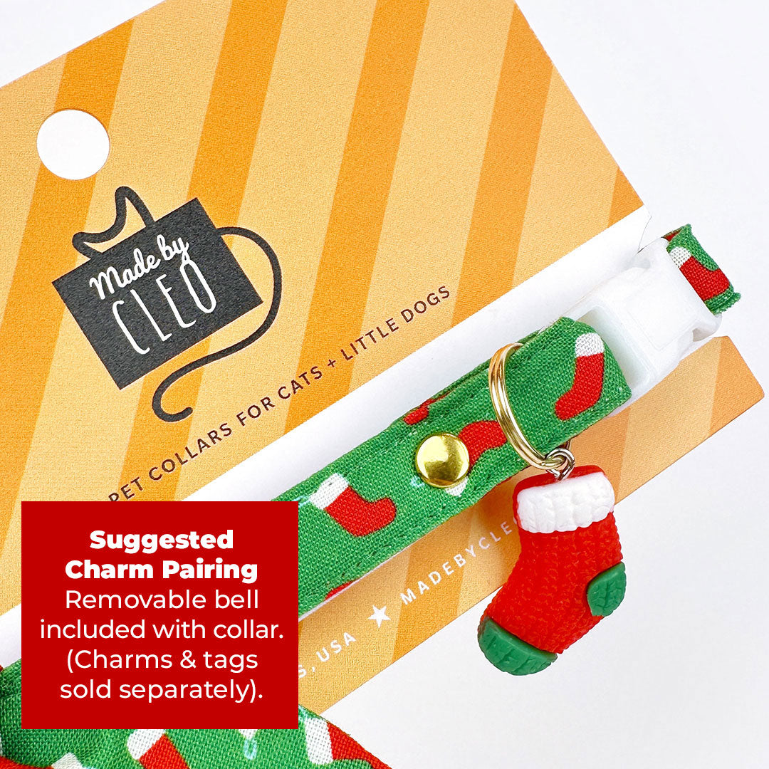 Cat Collar + Flower Set - "Christmas Stockings" - Green & Red Holiday Cat Collar + Specialty Christmas Red Poinsettia Felt Flower (Detachable)
