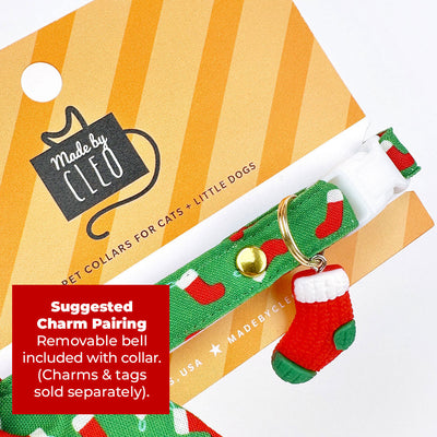 Cat Collar + Flower Set - "Christmas Stockings" - Green & Red Holiday Cat Collar + Specialty Christmas Red Poinsettia Felt Flower (Detachable)