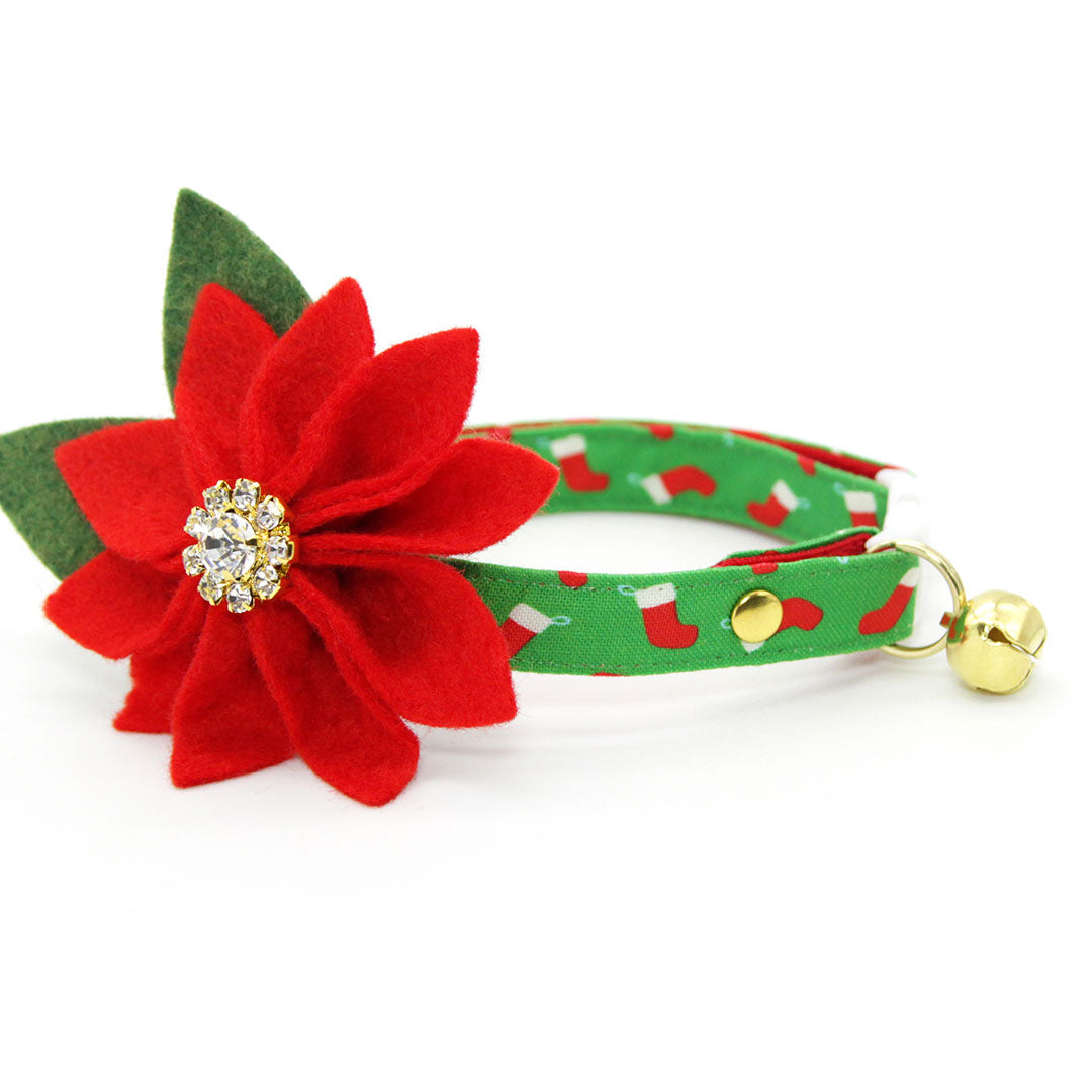 Cat Collar + Flower Set - "Christmas Stockings" - Green & Red Holiday Cat Collar + Specialty Christmas Red Poinsettia Felt Flower (Detachable)