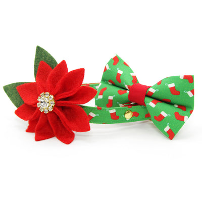 Cat Collar + Flower Set - "Christmas Stockings" - Green & Red Holiday Cat Collar + Specialty Christmas Red Poinsettia Felt Flower (Detachable)