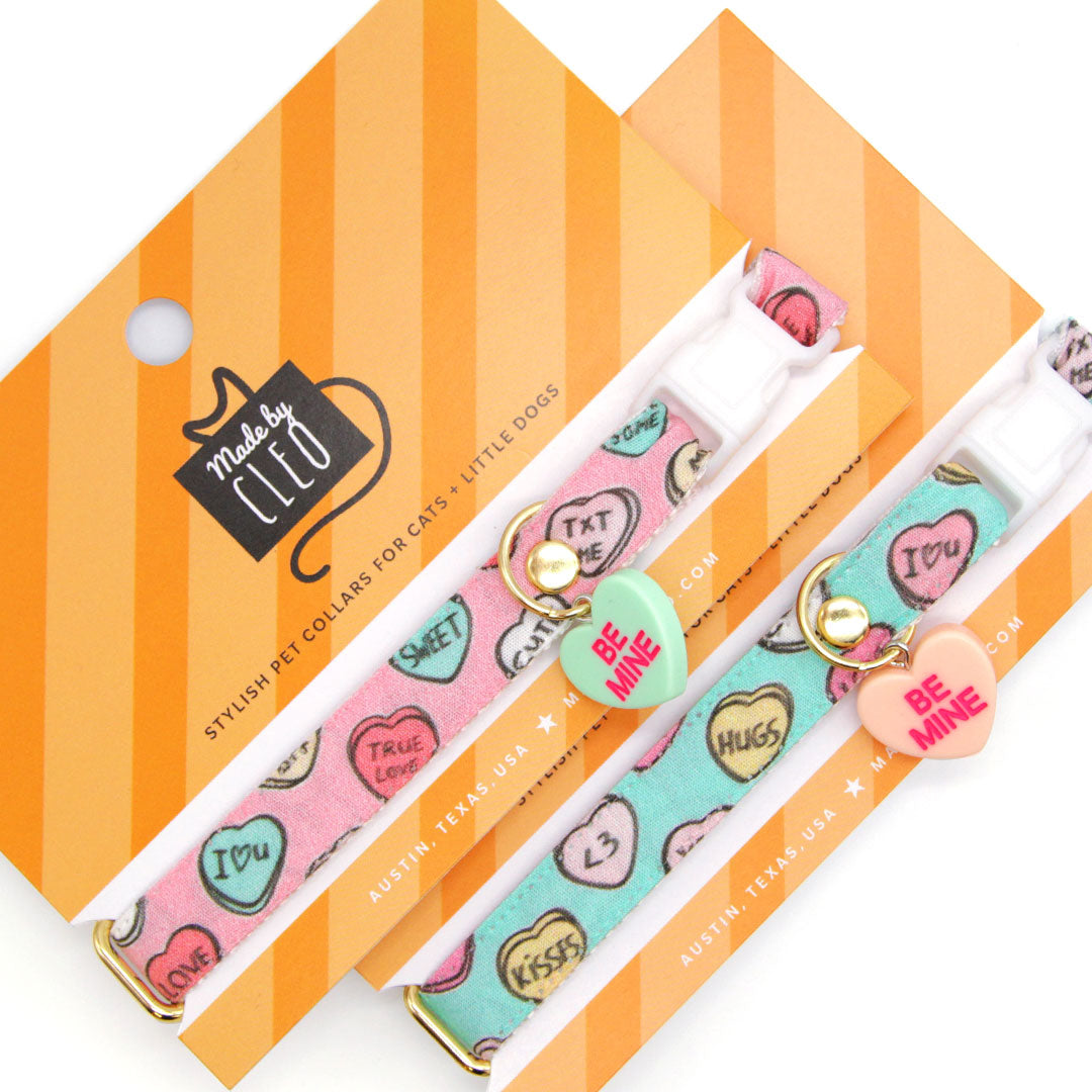 Cat Collar - "Conversation Hearts - Mint" - Candy Heart Sayings Cat Collar / Valentine's Day / Breakaway Buckle or Non-Breakaway / Cat, Kitten + Small Dog Sizes