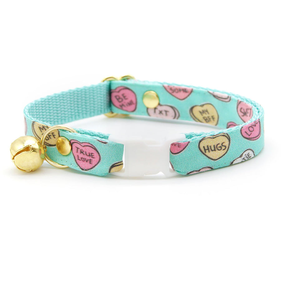 Cat Collar - "Conversation Hearts - Mint" - Candy Heart Sayings Cat Collar / Valentine's Day / Breakaway Buckle or Non-Breakaway / Cat, Kitten + Small Dog Sizes