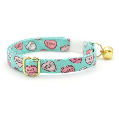 Cat Collar - "Conversation Hearts - Mint" - Candy Heart Sayings Cat Collar / Valentine's Day / Breakaway Buckle or Non-Breakaway / Cat, Kitten + Small Dog Sizes