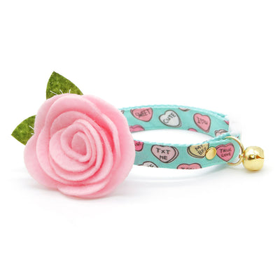 Cat Collar + Flower Set - "Conversation Hearts - Mint" - Valentine's Day Candy Heart Sayings Cat Collar w/ Baby Pink Felt Flower (Detachable)