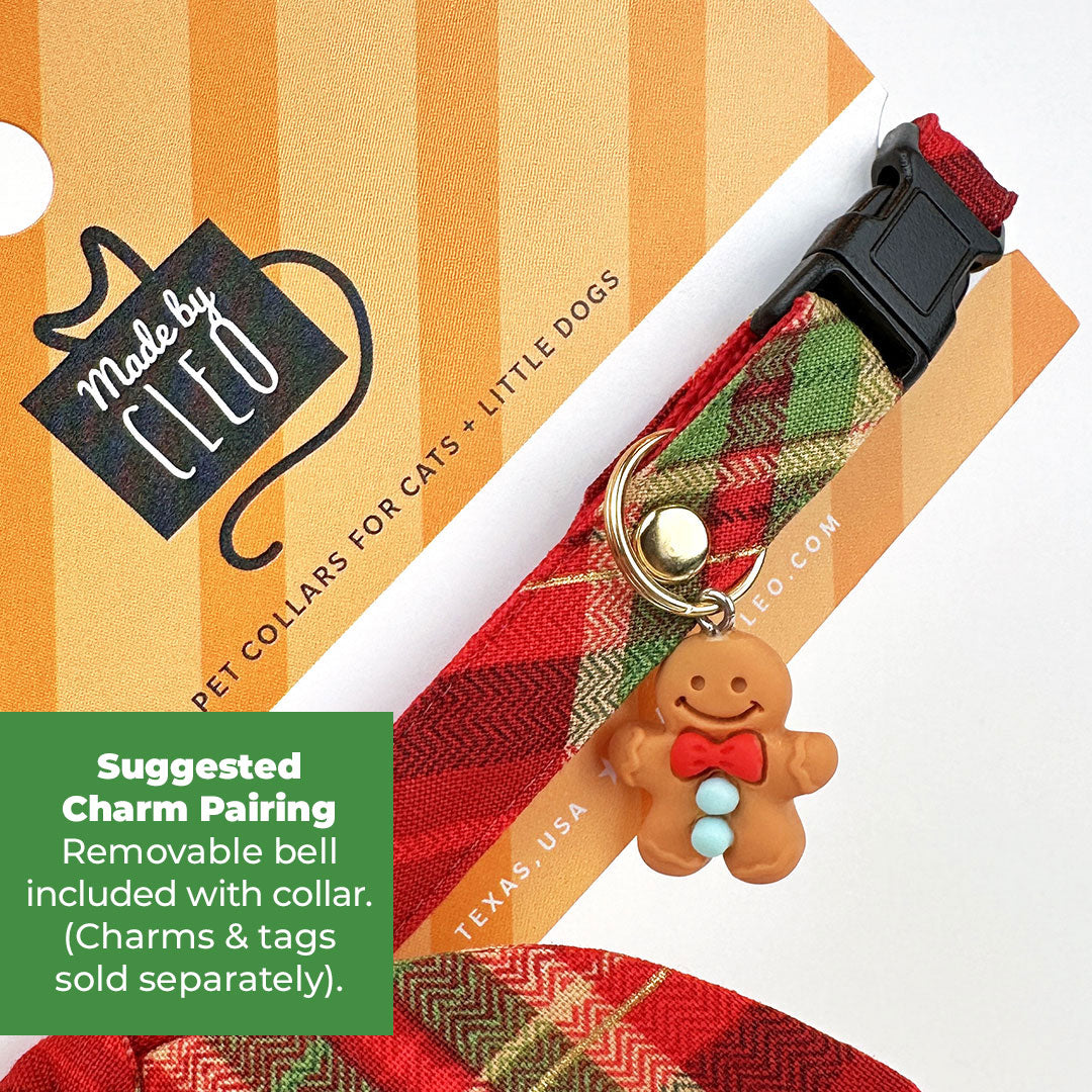 Cat Collar + Flower Set - "Cranberry Clove" - Red Christmas Plaid Cat Collar + Specialty Christmas Red Poinsettia Felt Flower (Detachable)