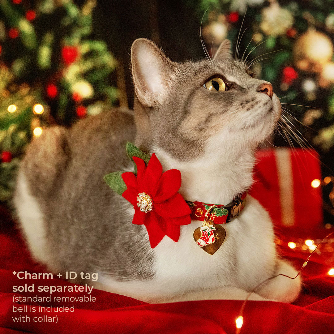 Cat Collar + Flower Set - "Crimson Berry" - Christmas Red Holly Cat Collar + Specialty Christmas Red Poinsettia Felt Flower (Detachable)