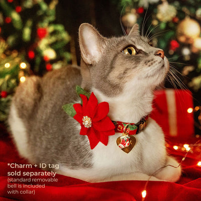 Cat Collar + Flower Set - "Crimson Berry" - Christmas Red Holly Cat Collar + Specialty Christmas Red Poinsettia Felt Flower (Detachable)