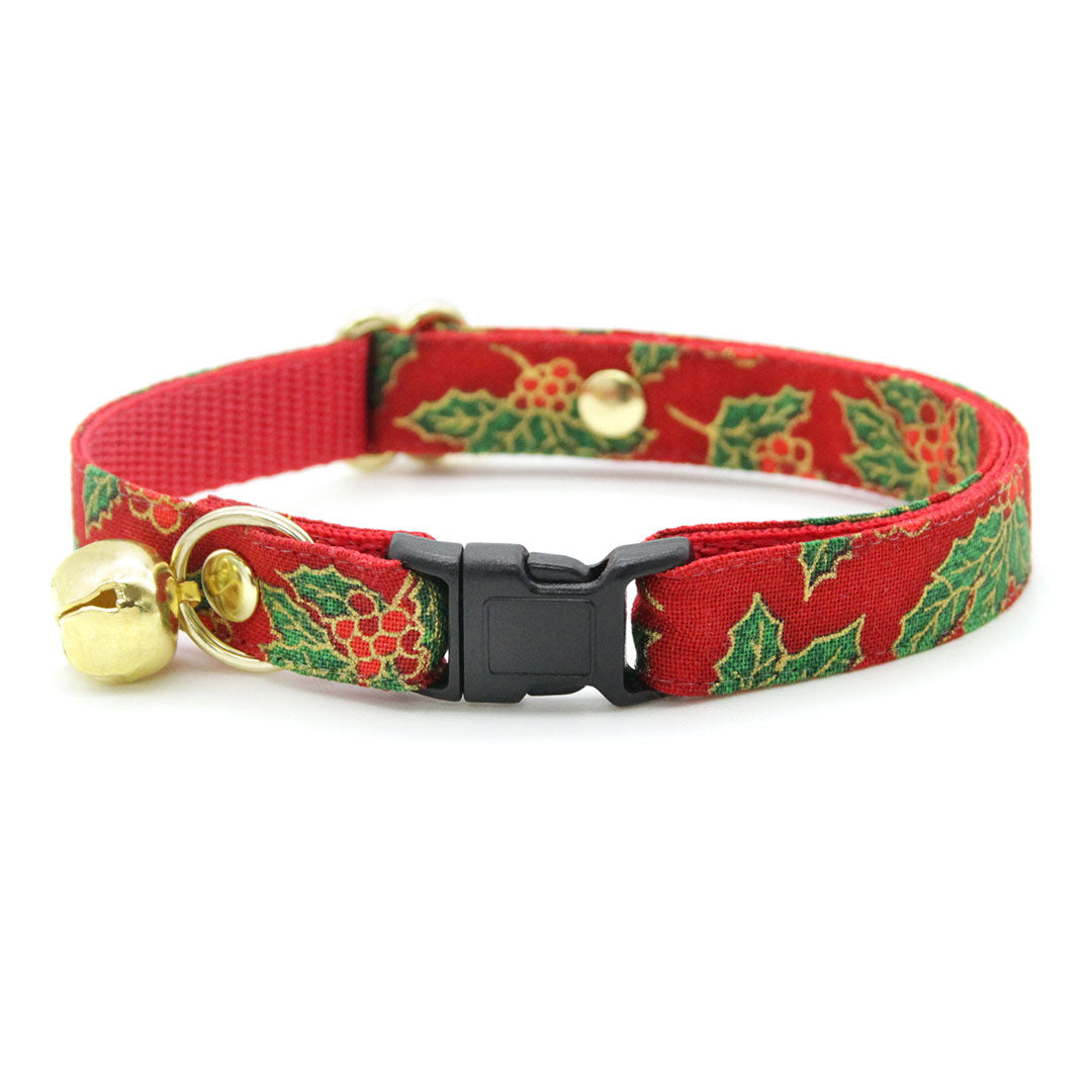 Cat Collar + Flower Set - "Crimson Berry" - Christmas Red Holly Cat Collar + Specialty Christmas Red Poinsettia Felt Flower (Detachable)