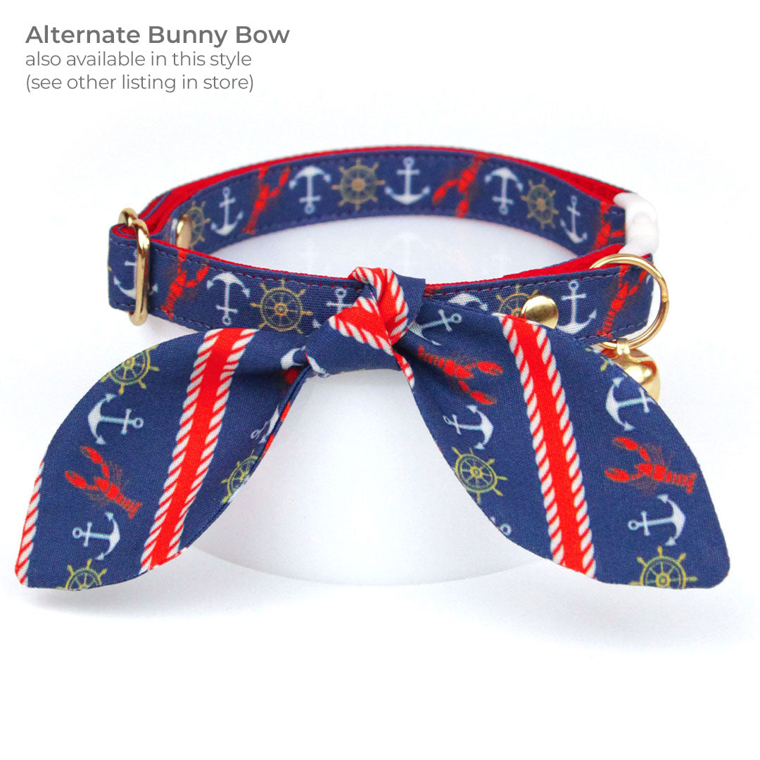 Cat Collar + Flower Set - "Nautical Navy" - Blue Anchor & Lobster Cat Collar w/ Scarlet Red Felt Flower (Detachable)
