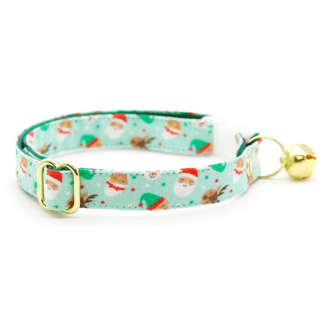 Cat Collar + Flower Set - "Dear Santa" - Christmas Elves, Reindeer & Santa Cat Collar + Specialty Christmas Red Poinsettia Felt Flower (Detachable)