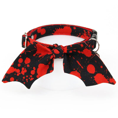 Cat Collar & Bunny Ear Bow Set - "Dracula" - Bat Wing Red & Black Blood Spatter Cat Collar w/ Matching Bunny Bow Tie / Halloween / Tie-On Scarf / Cat, Kitten + Small Dog Sizes