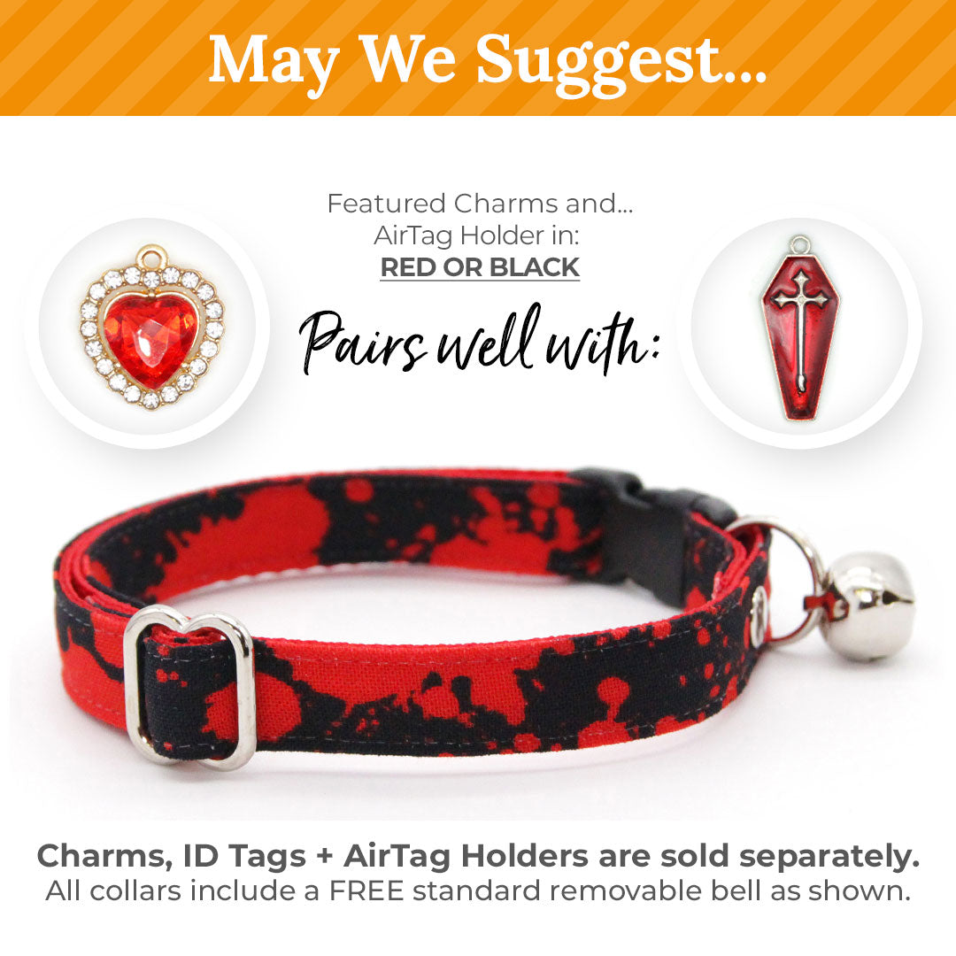 Cat Collar & Bunny Ear Bow Set - "Dracula" - Bat Wing Red & Black Blood Spatter Cat Collar w/ Matching Bunny Bow Tie / Halloween / Tie-On Scarf / Cat, Kitten + Small Dog Sizes