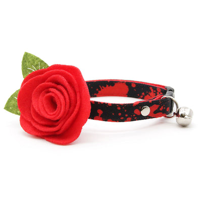 Vampire Cat Collar with Flower Set - "Dracula" - Horror Fan Gift/Halloween Cat Collar w/ Scarlet Red Felt Flower - Breakaway/Non-Breakaway