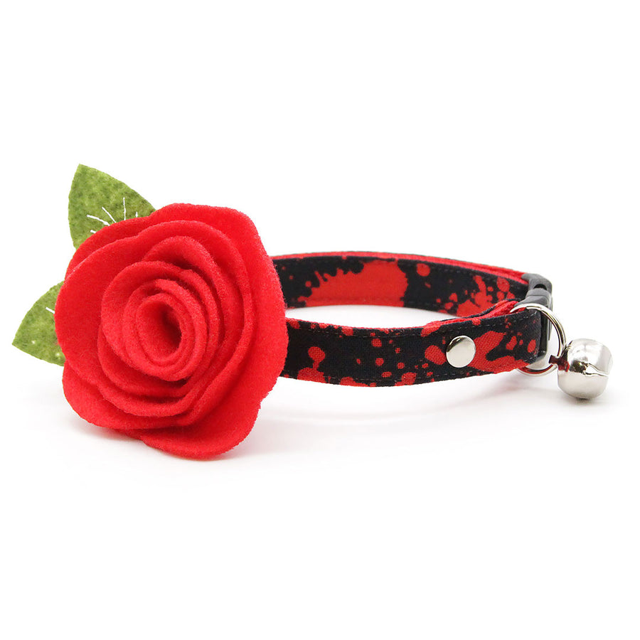 Vampire Cat Collar with Flower Set - "Dracula" - Horror Fan Gift/Halloween Cat Collar w/ Scarlet Red Felt Flower - Breakaway/Non-Breakaway