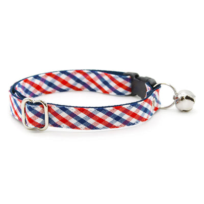 Cat Collar - "Heritage" - Gingham Red White & Blue Plaid Cat Collar / Patriotic, Independence Day, 4th of July / Breakaway Buckle or Non-Breakaway / Cat, Kitten + Small Dog Sizes