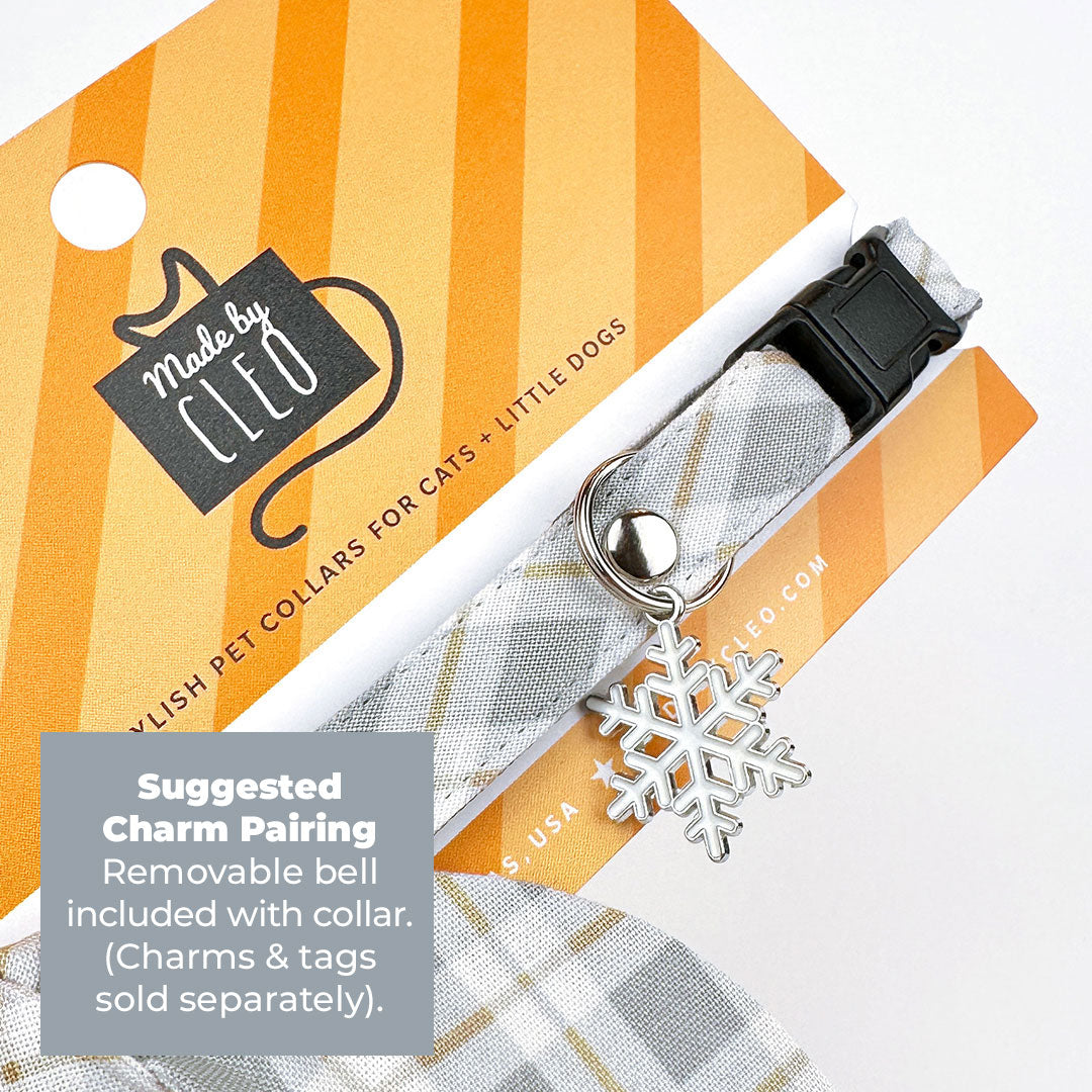 Cat Collar + Flower Set - "Earl Grey" - Light Gray Plaid Cat Collar + Specialty Elegance White Felt Flower (Detachable)