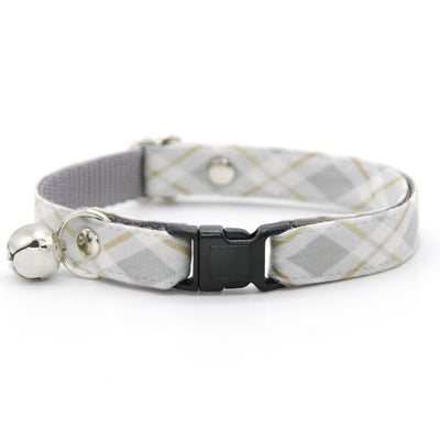 Cat Collar + Flower Set - "Earl Grey" - Light Gray Plaid Cat Collar + Specialty Elegance White Felt Flower (Detachable)