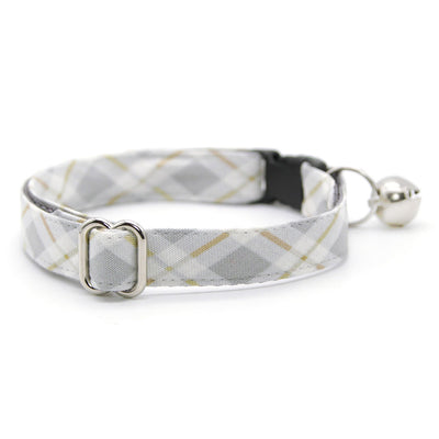 Cat Collar + Flower Set - "Earl Grey" - Light Gray Plaid Cat Collar + Specialty Elegance White Felt Flower (Detachable)