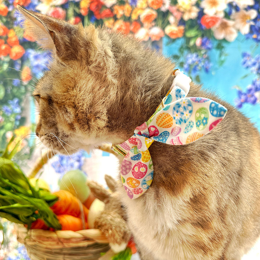 Cat Collar & Bunny Ear Bow Set - "Egg Hunt" -  Easter Egg Cat Collar w/ Matching Bunny Bow Tie / Tie-On Scarf / Cat, Kitten + Small Dog Sizes