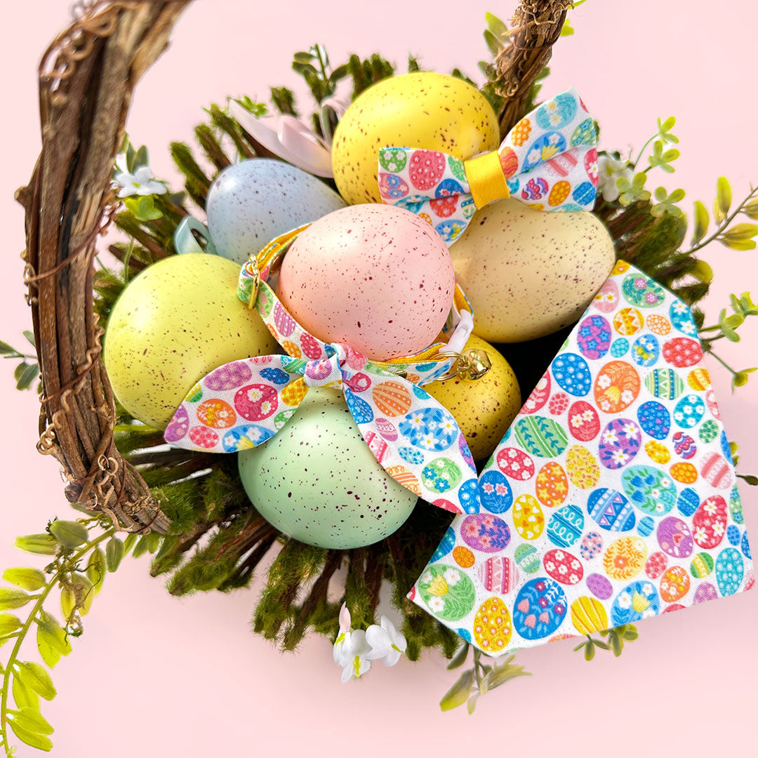 Cat Collar + Flower Set - "Egg Hunt" - Easter Egg Cat Collar w/ Buttercup Felt Flower (Detachable) / Cat, Kitten + Small Dog Sizes