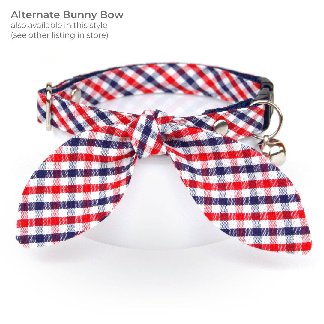 Cat Collar + Flower Set - "Heritage" - Gingham Red White & Blue Plaid Cat Collar w/ Scarlet Red Felt Flower (Detachable)