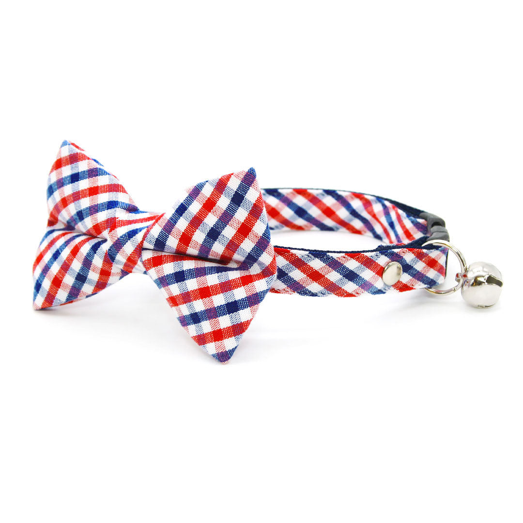 Pet Bow Tie - "Heritage" - Gingham Red White & Blue Plaid Cat Bow / 4th of July, Patriotic, Preppy, Independence Day / For Cats + Small Dogs (One Size)