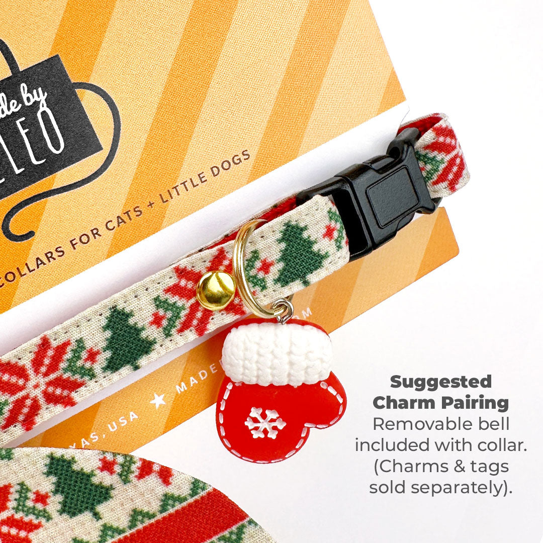 Cat Collar + Flower Set - "Fair Isle - Christmas" - Holiday Sweater Cat Collar + Specialty Christmas Red Poinsettia Felt Flower (Detachable)