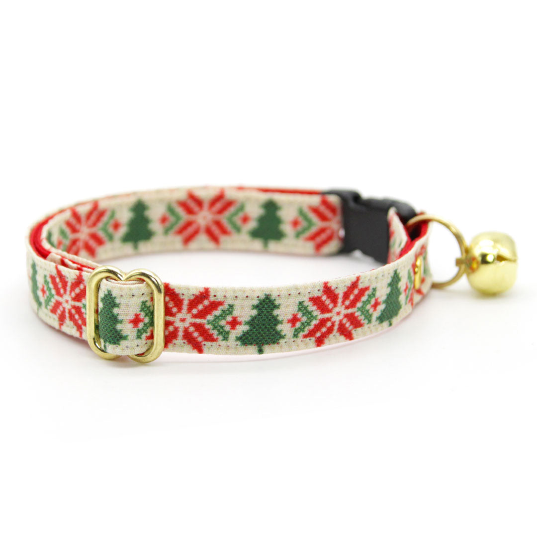 Cat Collar + Flower Set - "Fair Isle - Christmas" - Holiday Sweater Cat Collar + Specialty Christmas Red Poinsettia Felt Flower (Detachable)