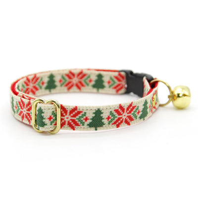 Cat Collar + Flower Set - "Fair Isle - Christmas" - Holiday Sweater Cat Collar + Specialty Christmas Red Poinsettia Felt Flower (Detachable)