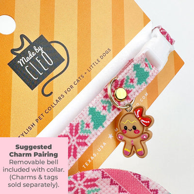 Cat Collar + Flower Set - "Fair Isle - Pink" - Christmas Sweater Cat Collar + Specialty Elegance White Felt Flower (Detachable)