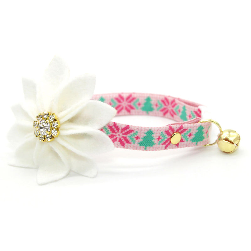 Cat Collar + Flower Set - "Fair Isle - Pink" - Christmas Sweater Cat Collar + Specialty Elegance White Felt Flower (Detachable)