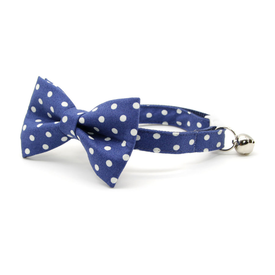 Bow Tie Cat Collar Set - "Polka Dot - Blue" - Glow In The Dark Navy Blue Cat Collar w/ Matching Bowtie / Wedding, 4th of July, Preppy / Cat, Kitten, Small Dog Sizes