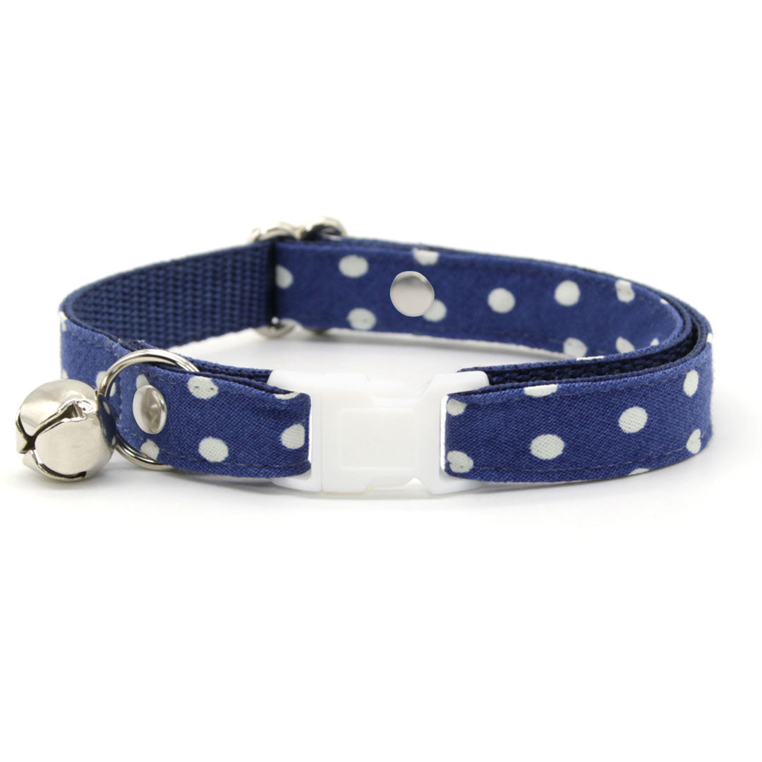 Bow Tie Cat Collar Set - "Polka Dot - Blue" - Glow In The Dark Navy Blue Cat Collar w/ Matching Bowtie / Wedding, 4th of July, Preppy / Cat, Kitten, Small Dog Sizes