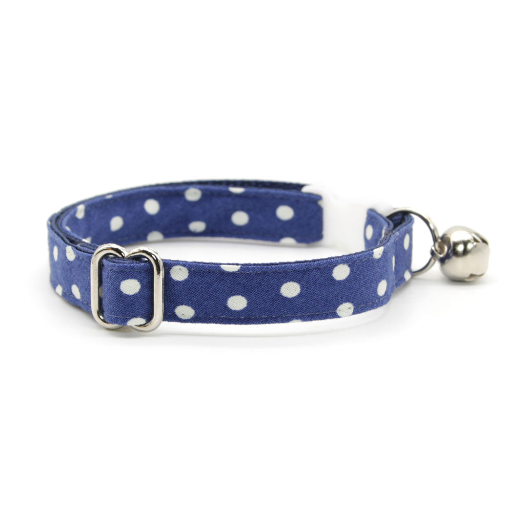 Cat Collar + Flower Set - "Polka Dot - Blue" - Glow In The Dark Navy Blue Cat Collar w/ Sky Blue Felt Flower (Detachable)