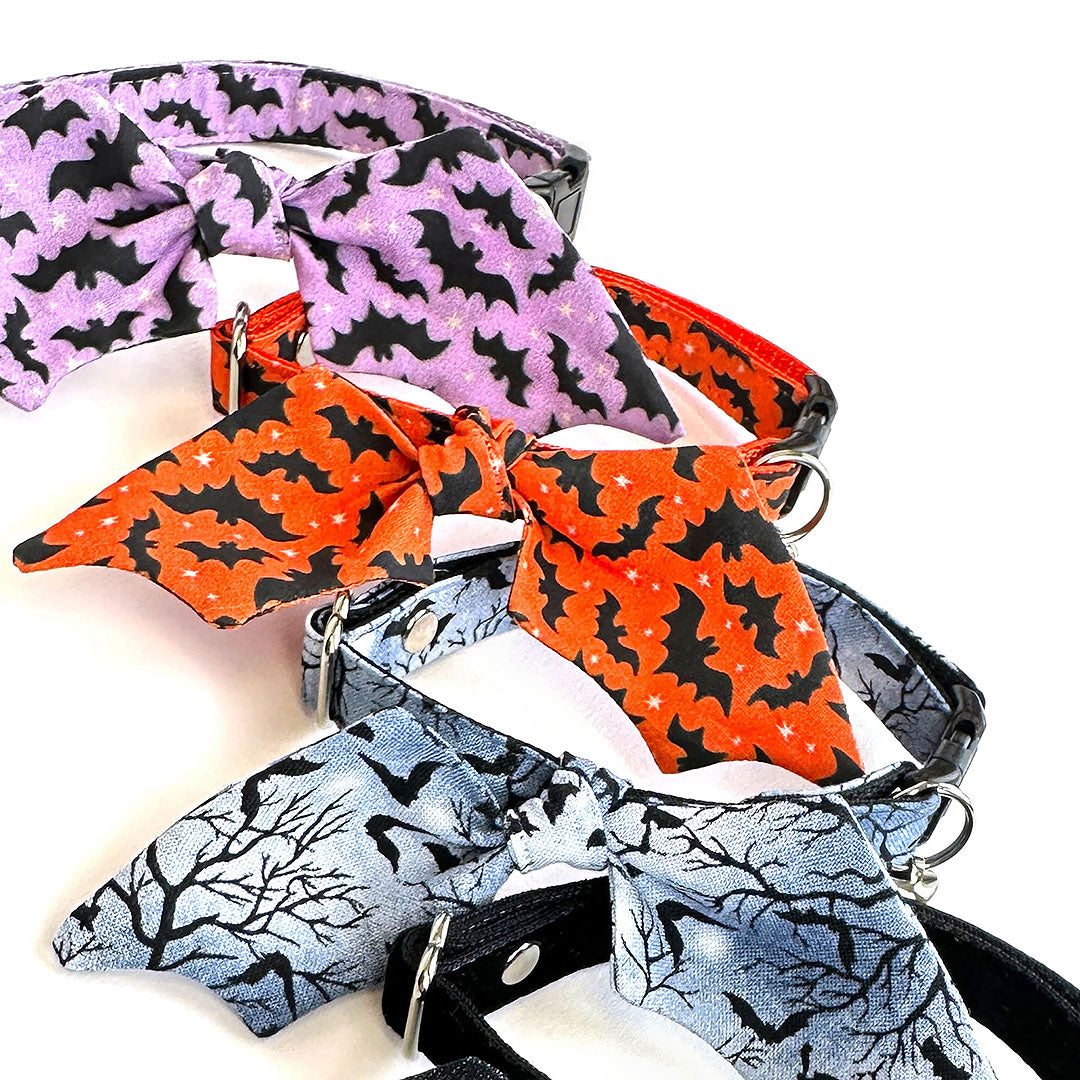 Cat Collar & Bunny Ear Bow Set - "Batty Babe - Orange" - Bat Wing Orange Halloween Bat Cat Collar w/ Matching Bunny Bow Tie / Tie-On Scarf / Cat, Kitten + Small Dog Sizes