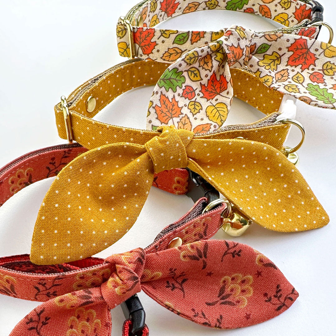 Cat Collar & Bunny Ear Bow Set - "Autumn Aura" - Rustic Maple Leaf Fall Cat Collar w/ Matching Bunny Bow Tie / Thanksgiving / Tie-On Scarf / Cat, Kitten + Small Dog Sizes