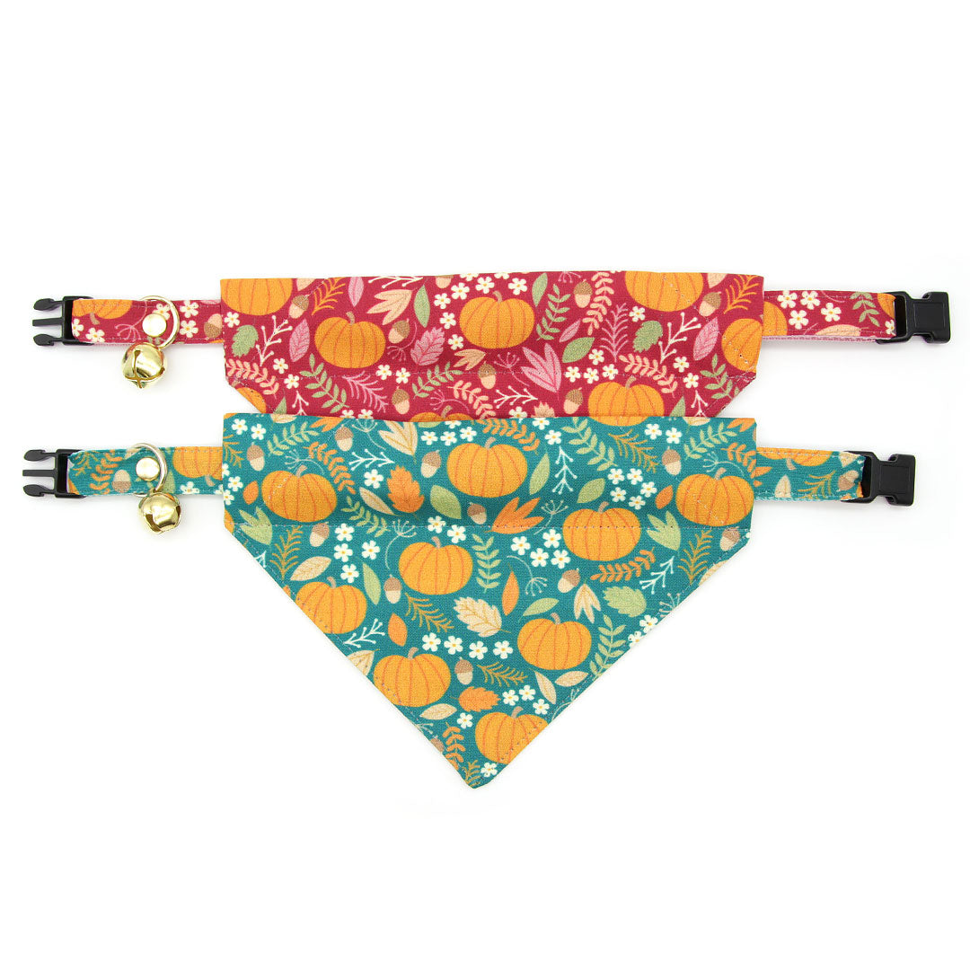 Pet Bandana - "Pumpkin Patch - Teal" - Fall Harvest Bandana for Cat Collar or Small Dog Collar / Slide-on Bandana / Over-the-Collar (One Size)