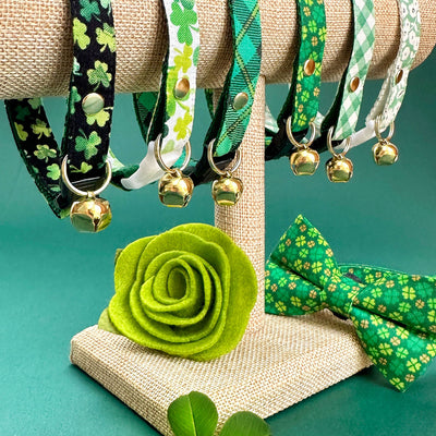Cat Collar + Flower Set - "Shamrock Spirit" - St. Patrick's Day Cat Collar w/ Clover Green Felt Flower (Detachable)