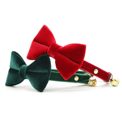 Bow Tie Cat Collar Set - "Velvet - Hunter Green" - Dark Green Velvet Cat Collar + Coordinating Velvet Bow Tie (Removable) / Breakaway or Non-Breakaway