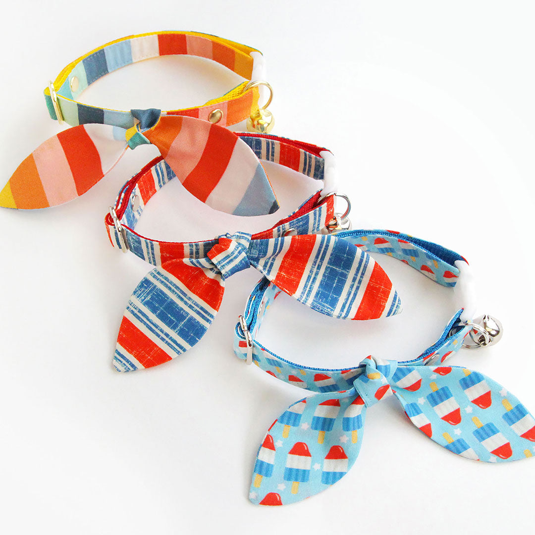 Cat Collar & Bunny Ear Bow Set - "Rocket Pop" - Red White Blue Popsicle Cat Collar w/ Matching Bunny Bow Tie / USA, 4th of July, Summer, Patriotic / Tie-On Scarf / Cat, Kitten + Small Dog Sizes