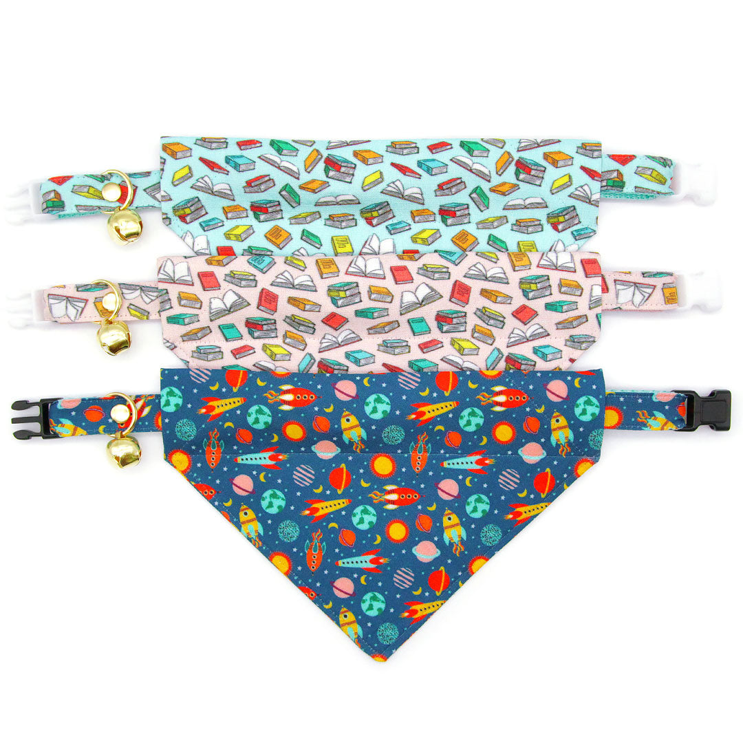 Cat Bandana - "Retro Rockets" - Outer Space Bandana for Cat + Small Dog / Astronomy, NASA, Science, Sci-Fi, Spaceship, Planets, Galaxy / Slide-On Over the Collar Bandana