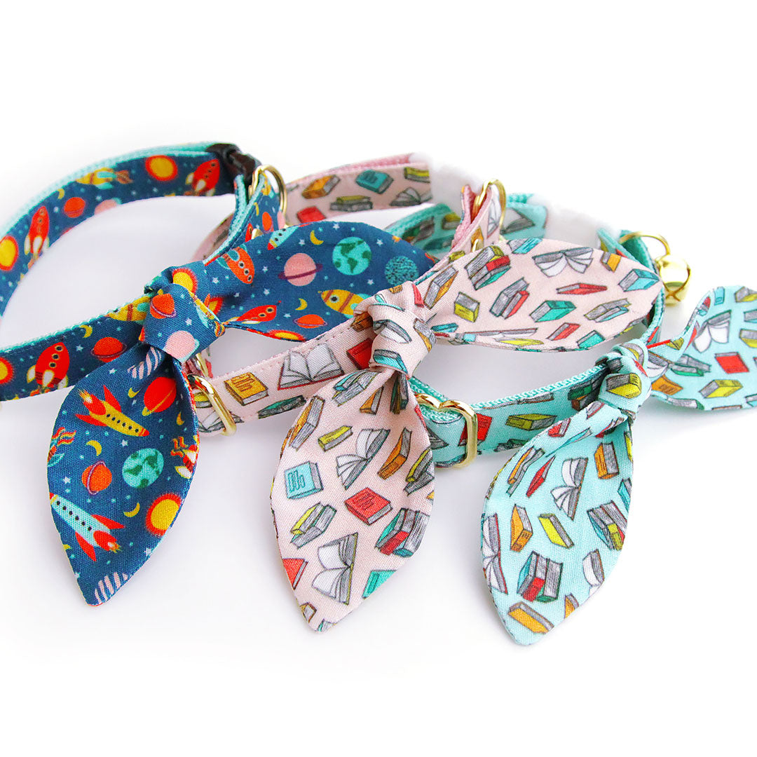 Cat Collar & Bunny Ear Bow Set - "Retro Rockets" - Space Cat Collar w/ Matching Bunny Bow Tie / Astronomy, Galaxy, Planets, Sci-Fi, Spaceship, Science / Tie-On Scarf / Cat, Kitten + Small Dog Sizes