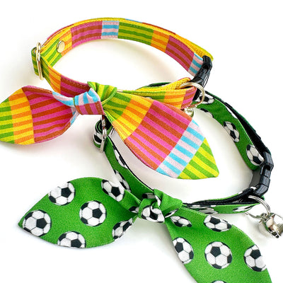 Cat Collar & Bunny Ear Bow Set - "Soccer" - Sports Green Euro Football Cat Collar w/ Matching Bunny Bow Tie / World Cup, FIFA / Cat, Kitten + Small Dog Sizes