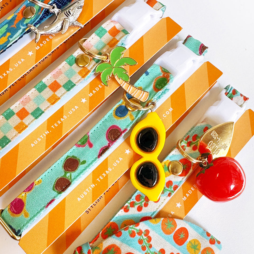 Cat Collar + Flower Set - "Checkmate" - Checkered Cat Collar w/ Orange Felt Flower (Detachable) / Cat, Kitten + Small Dog Sizes