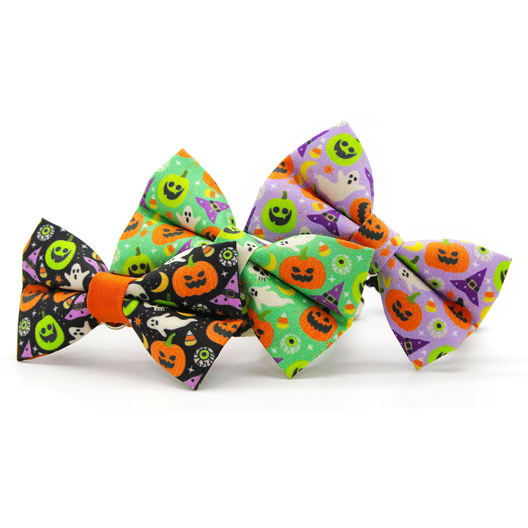 Cat Collar & Bunny Ear Bow Set - "Creepy Cuties - Purple" - Spooky Cute Halloween Cat Collar w/ Matching Bunny Bow Tie / Tie-On Scarf / Cat, Kitten + Small Dog Sizes