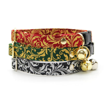 Cat Collar + Flower Set - "Royal Sterling" - Silver & Black Regal Cat Collar + Specialty Elegance White Felt Flower (Detachable)