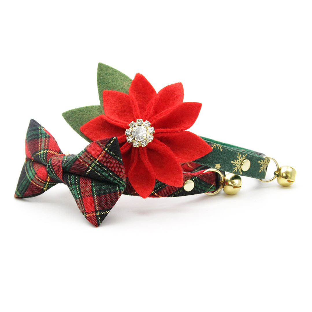 Cat Collar + Flower Set - "Juniper" - Holiday Green & Gold Snowflake Cat Collar + Specialty Christmas Red Poinsettia Felt Flower (Detachable)