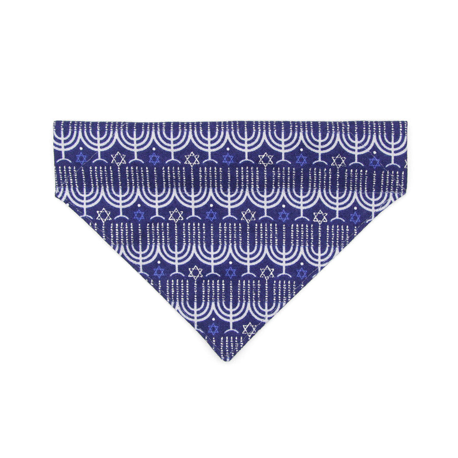 Pet Bandana - "Happy Hanukkah" - Blue & Silver Menorah Bandana for Cat + Small Dog / Slide-on Bandana / Over-the-Collar (One Size)